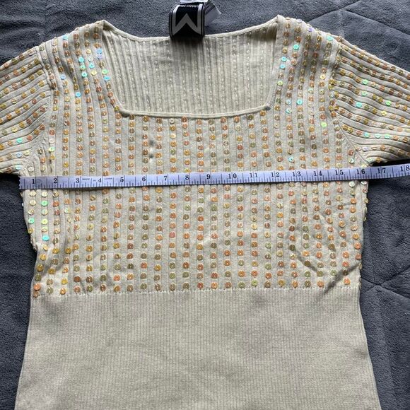 Vintage Y2K Marc Bouwer Sequin Square Neck Short Sleeve Yellow Sweater Top Sz M - Picture 5 of 6